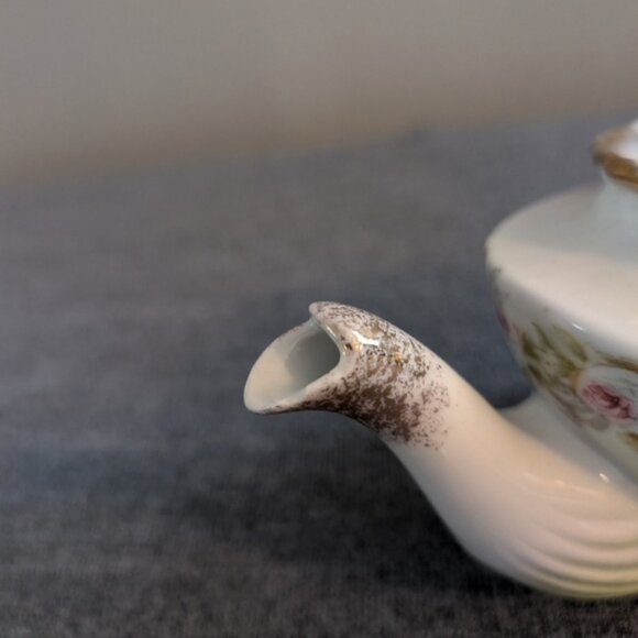 Antique Teapot and Creamer, Green/White with Gold Trim, Pink/Red Rose Pattern - Picture 6 of 9